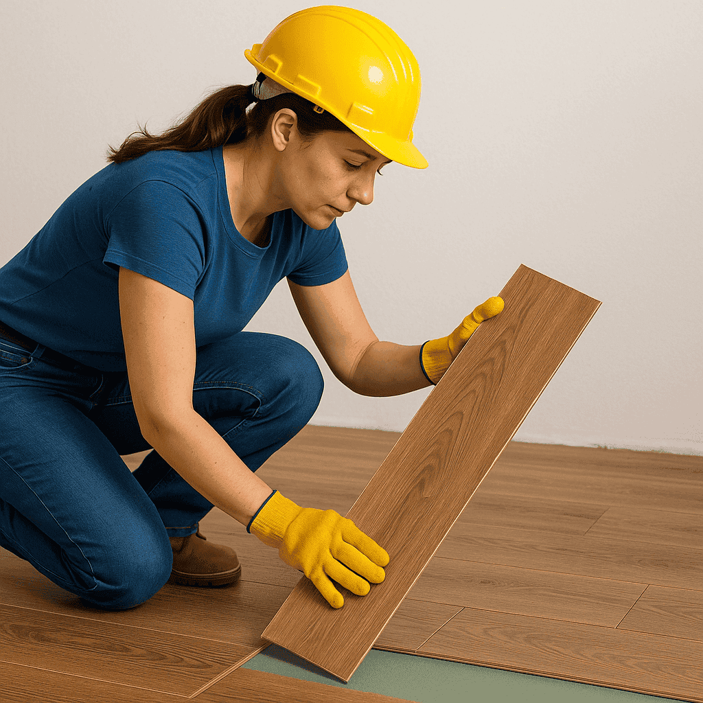Female contractor installing wooden flooring plank wearing yellow hard hat and gloves during professional hardwood floor installation.