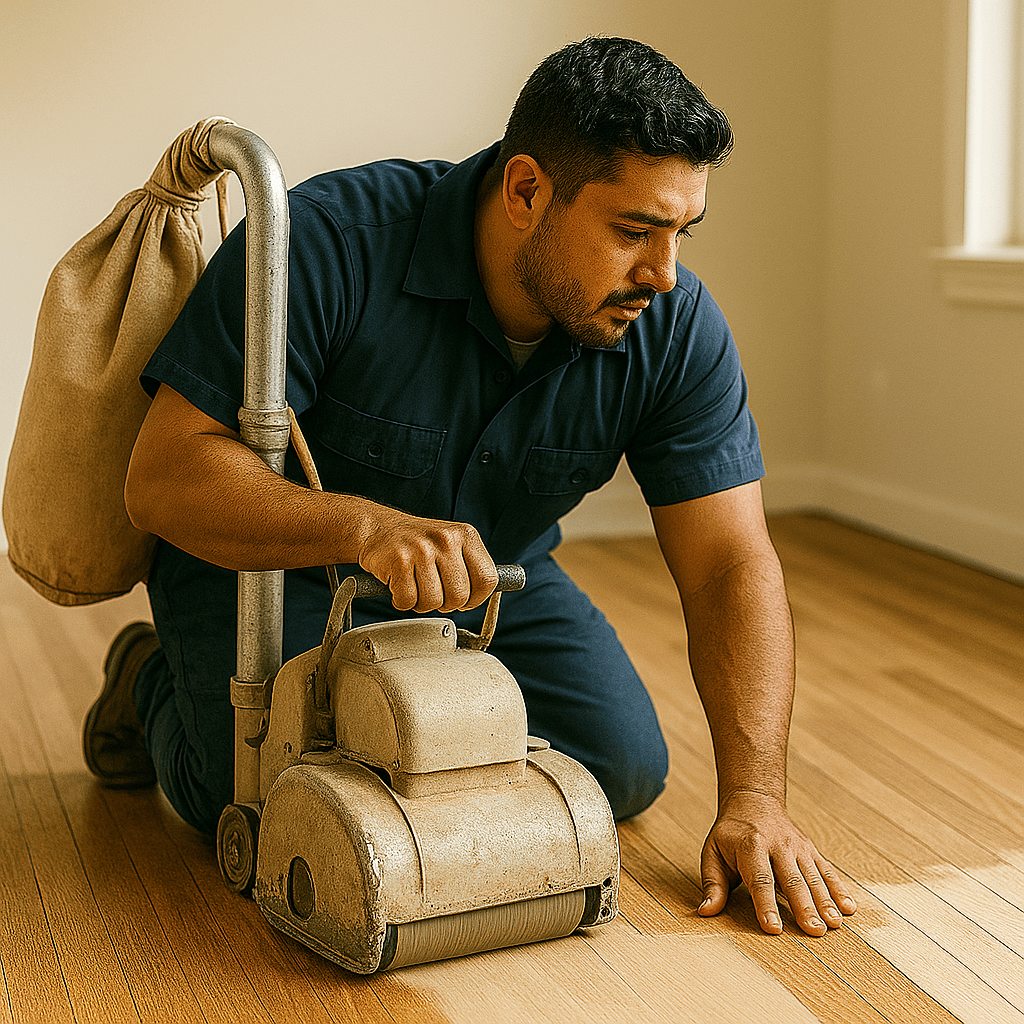 Flooring contractor sanding and refinishing hardwood floor with professional equipment during floor repair and restoration.