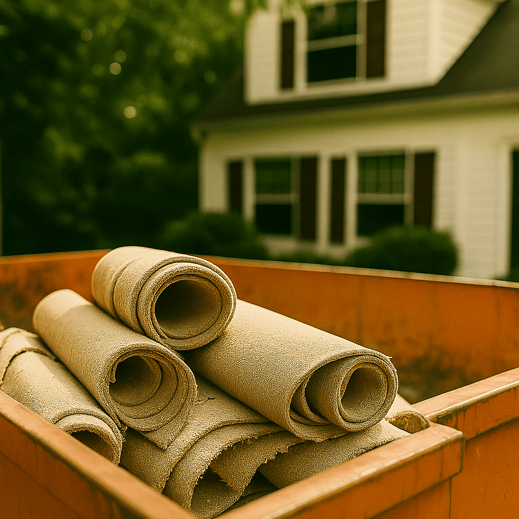 Rolled-up carpet placed in dumpster outside a home during flooring removal before new hardwood installation.