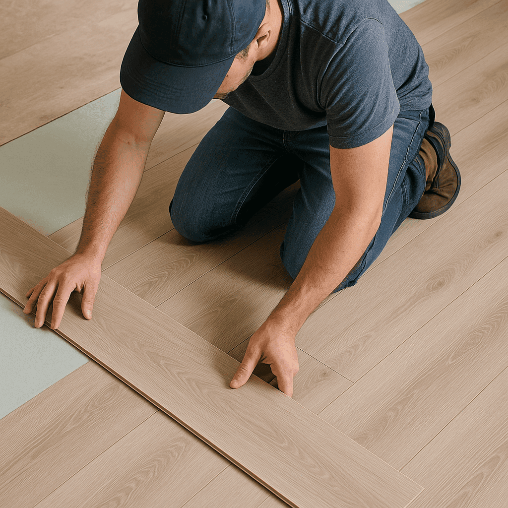 Worker kneeling on a light oak laminate floor, carefully aligning planks over green underlayment during a home flooring installation.