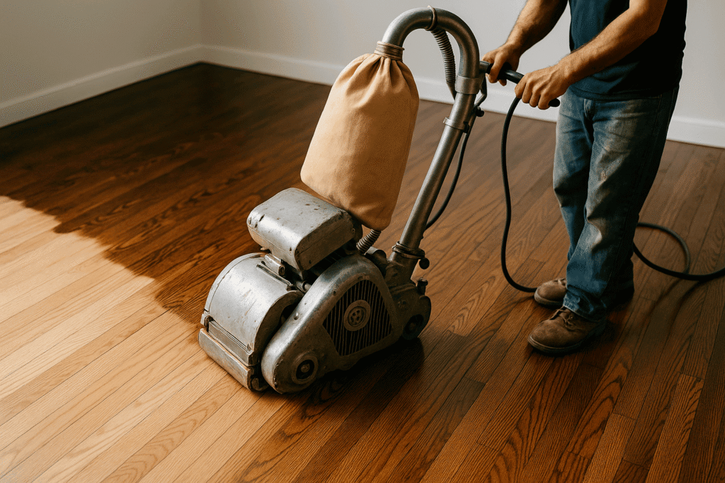 Contractor refinishing hardwood floors using professional sanding equipment in an Atlanta hom